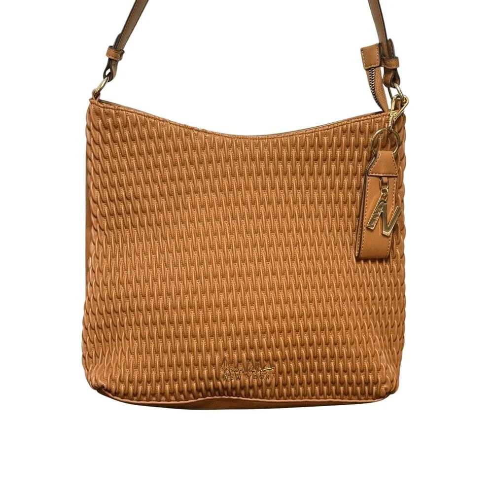 Nicole Miller New York Brown Woven Satchel Shoulder Bag Purse Zip Gold HW EUC
